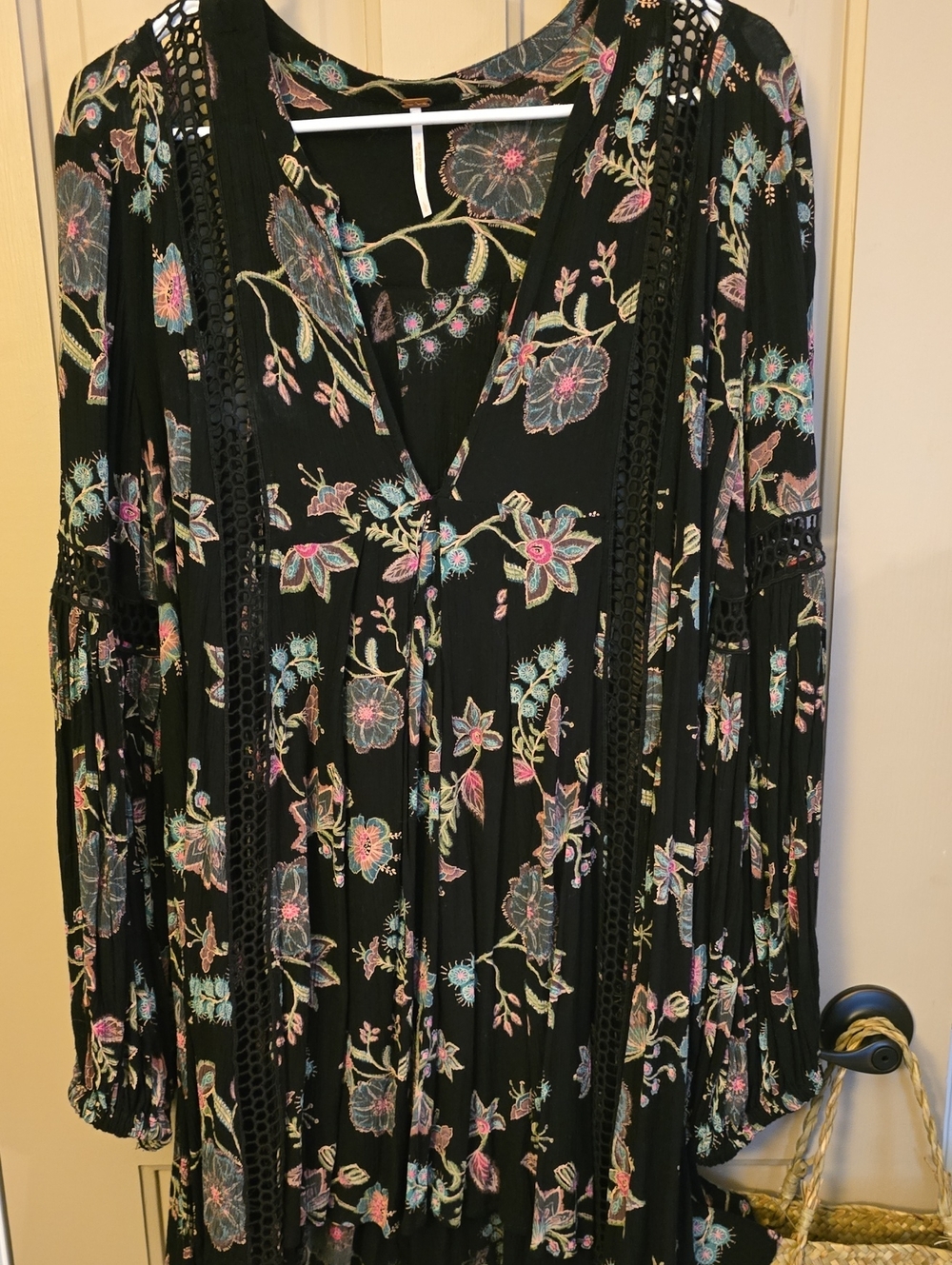 Free People Black Floral Maxi Dress with Pastel Embroidery
